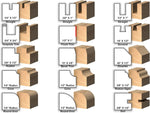 Yonico 17150 router bits arranged closely to display individual profiles and 1/2-inch shanks.