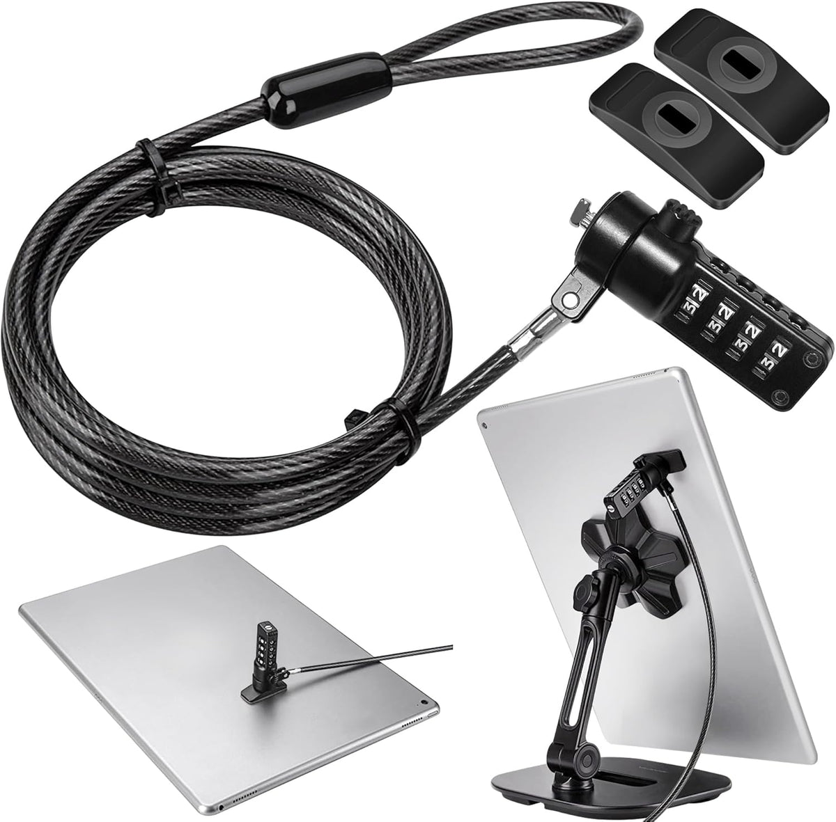 AboveTEK iPad Lock Security Cable kit front view displaying the six-foot steel cable and four-digit combination lock.