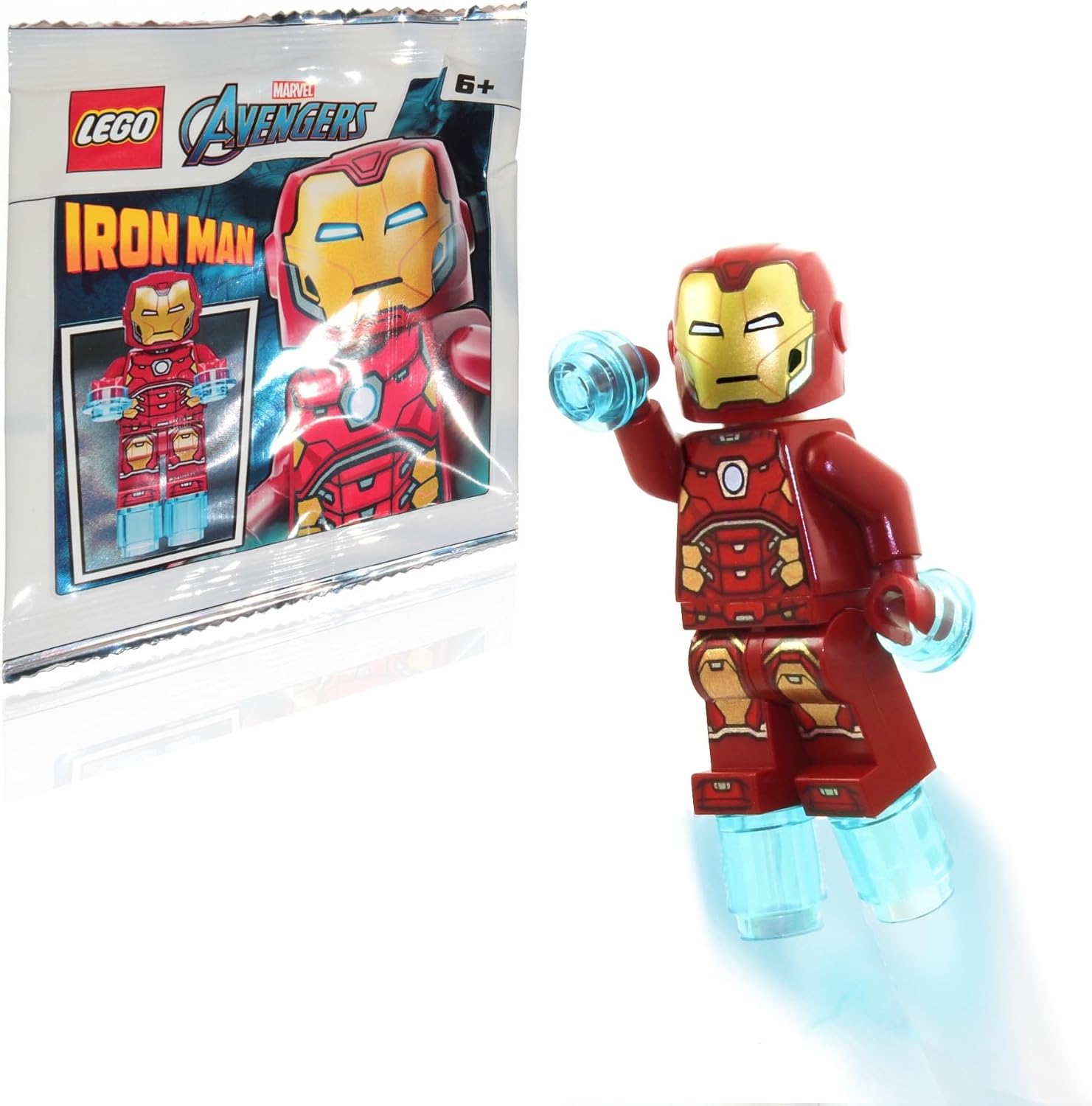 LEGO Marvel Avengers Iron Man minifigure front view showing detailed armor and packaging