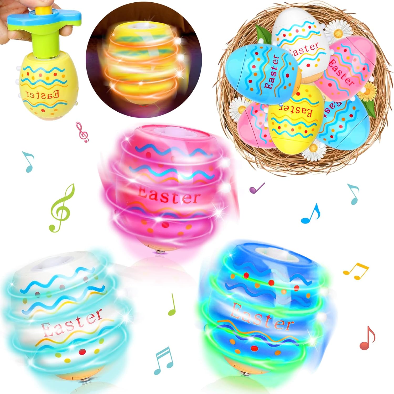 Ancesfun 6 pieces Easter eggs spinning tops set front view