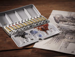 Rembrandt watercolour metal box open with mixing wells