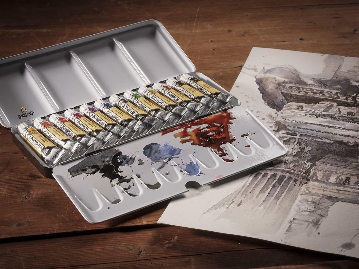 Rembrandt watercolour metal box open with mixing wells