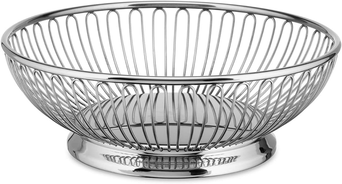 Side profile of the Alessi silver wire fruit basket