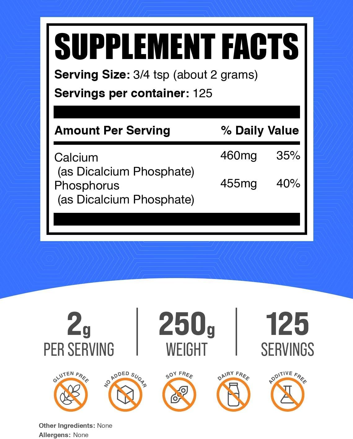 Close up of BulkSupplements Dicalcium Phosphate packaging label