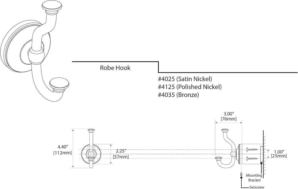Gatco Tavern Satin Nickel robe hook side projection view