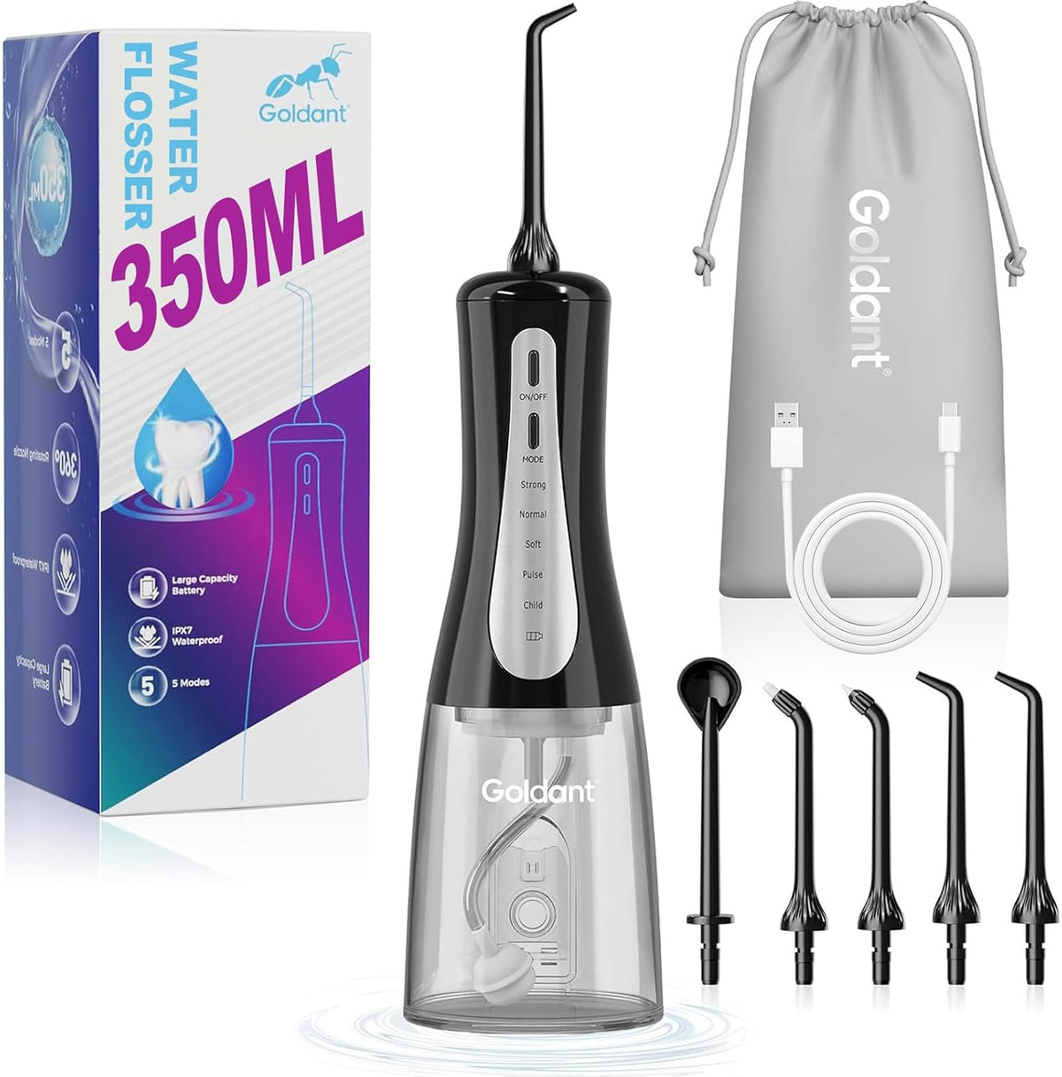 Goldant 350ML water dental flosser black front view showcasing power buttons and premium grip handle