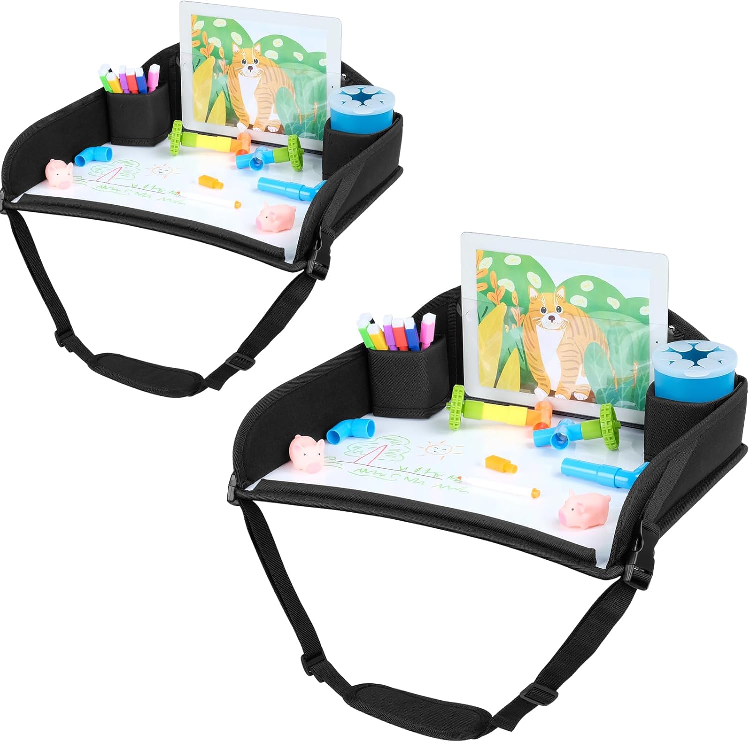 COOLBEBE Kids Travel Tray front view displaying the black dry erase surface and cup holders.