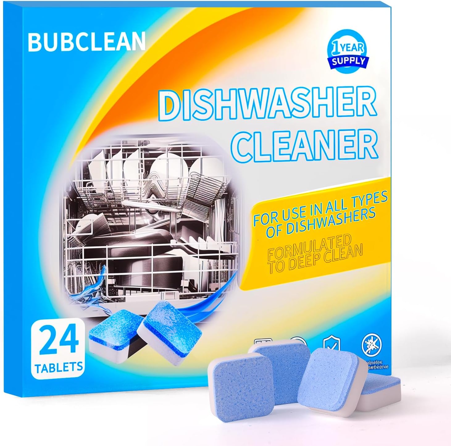 Bubclean dishwasher cleaner and deodorizer tablets front packaging view