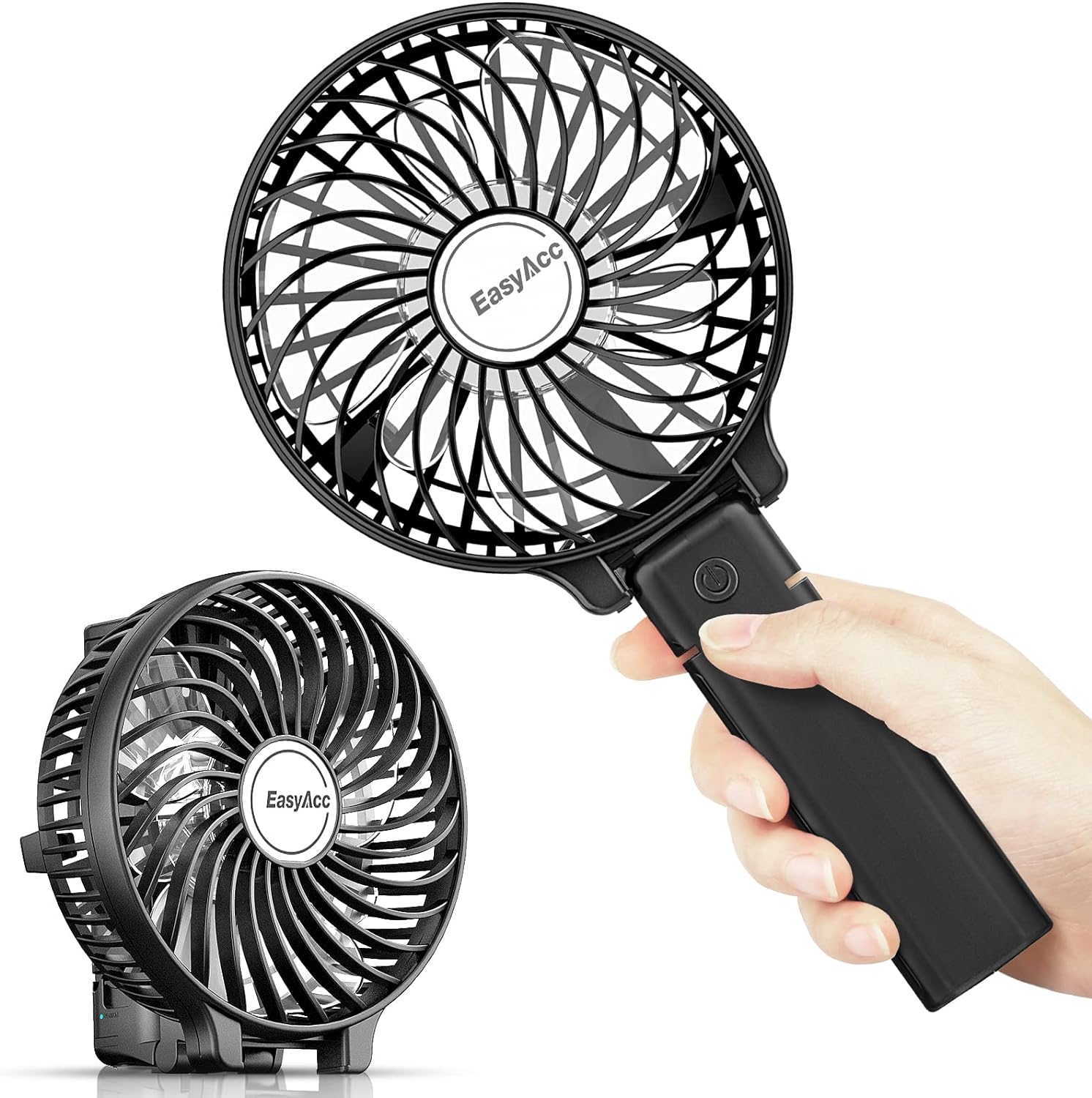EasyAcc mini handheld fan front view in black showing the six aerodynamic blades and protective outer grill