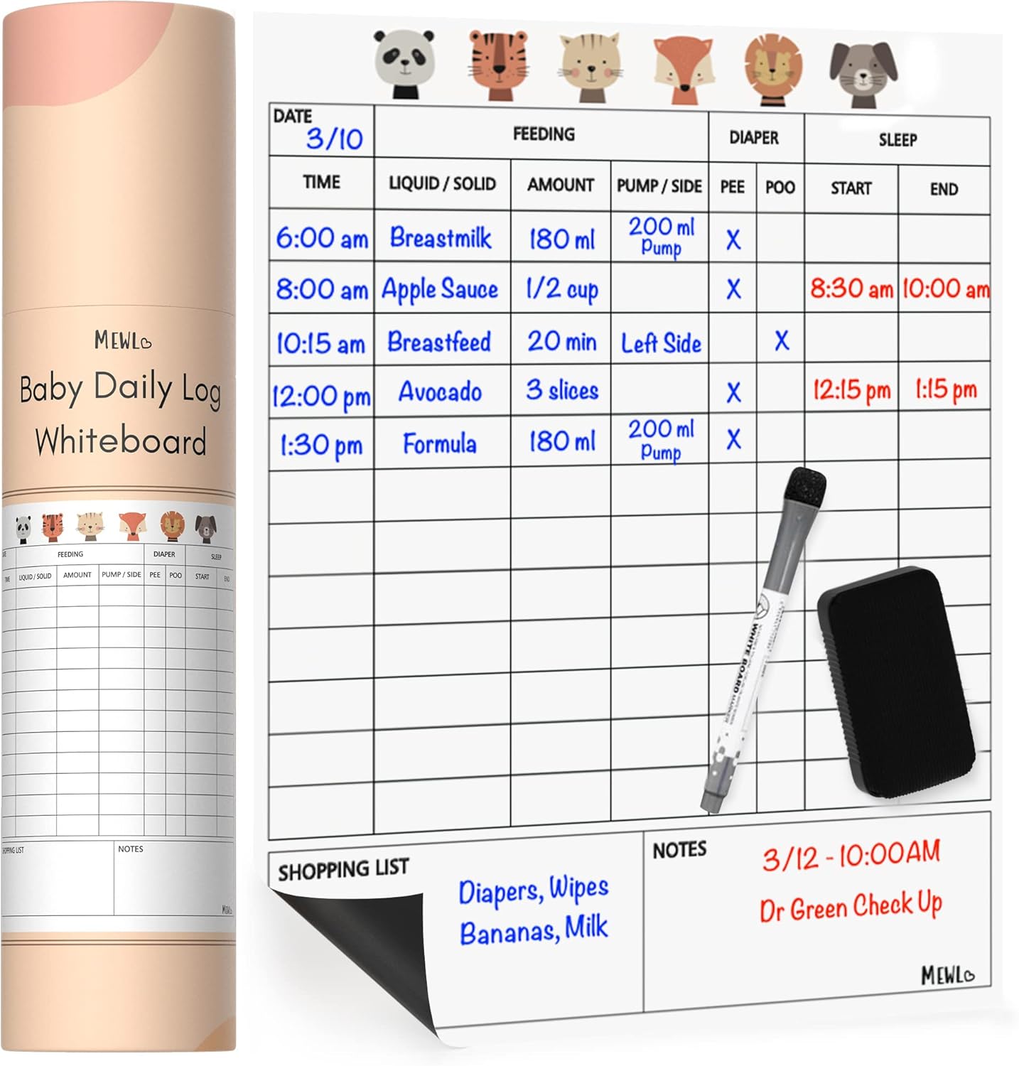 Mewl baby daily log whiteboard front view on refrigerator