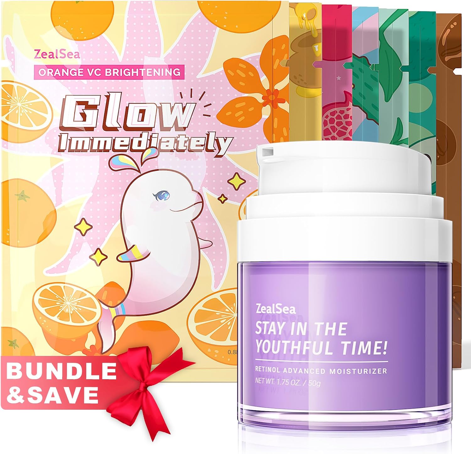 ZealSea Retinol Cream and Sheet Mask Skincare Bundle front view showcasing the purple moisturizer jar and colorful 7-day variety sheet mask packaging.