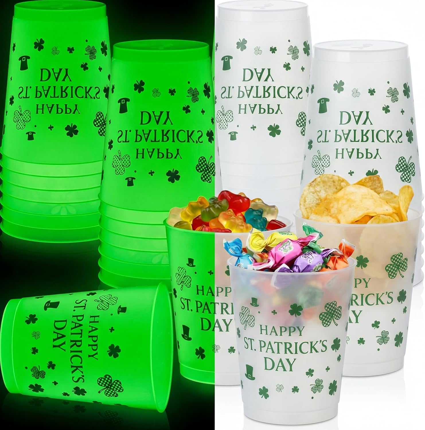 Teecyhooo St. Patrick's Day 24 piece glow cup set front view