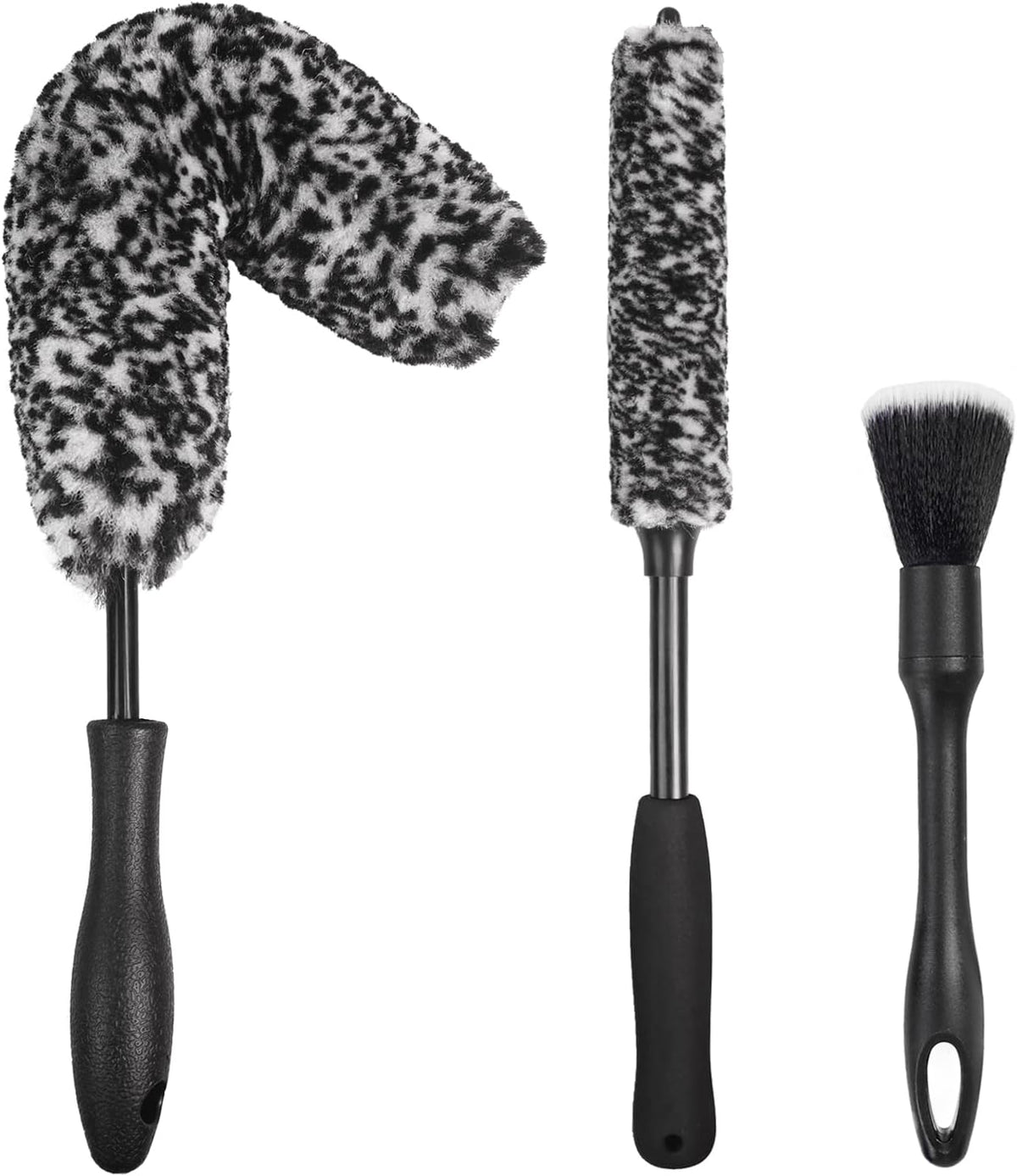 NIKCOSMK 3 Piece Wheel Brush Kit front view showing two microfiber rim brushes and one detailing brush