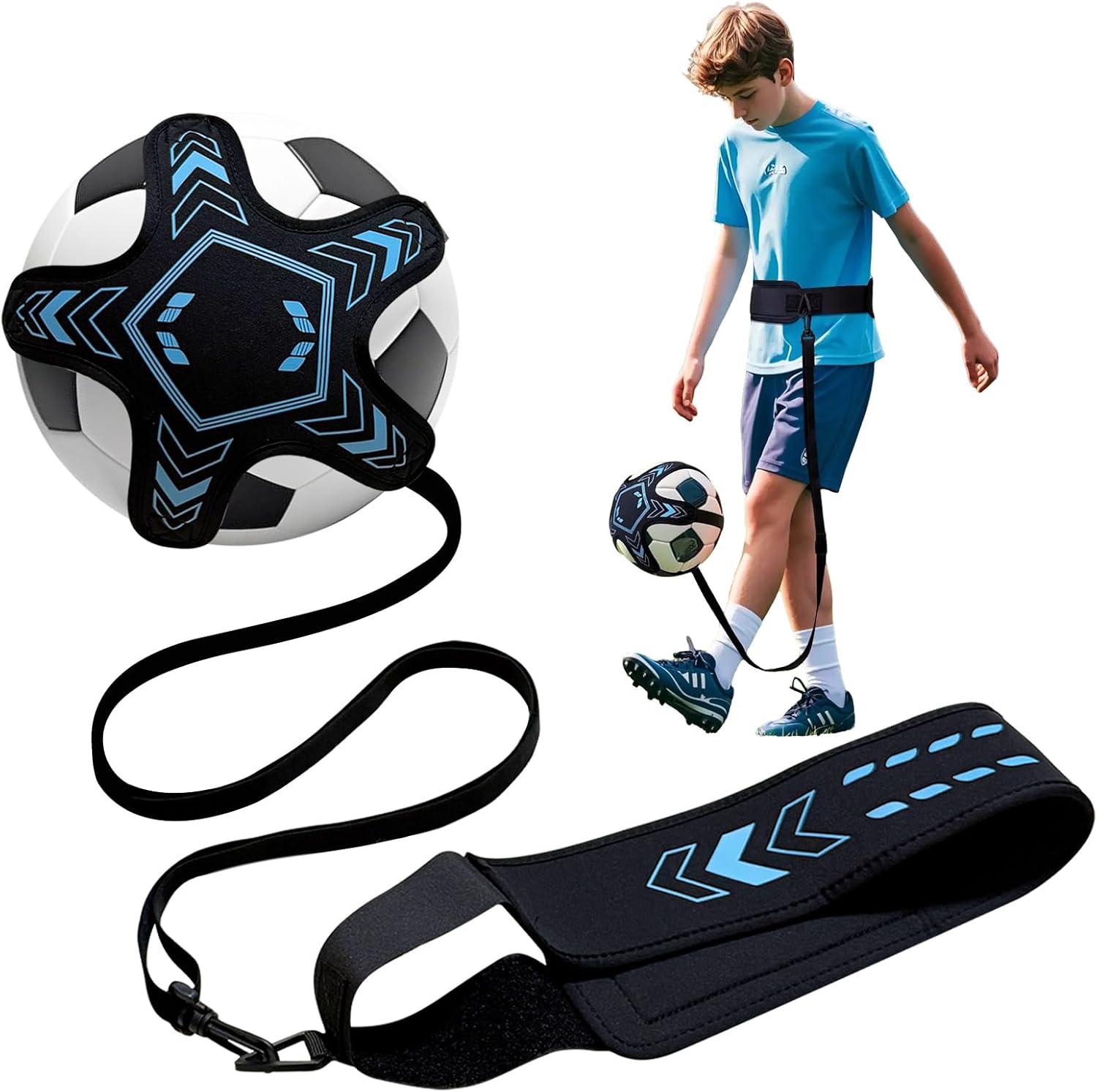 PESAKE soccer training equipment front view showing blue adjustable waist belt and elastic cord.