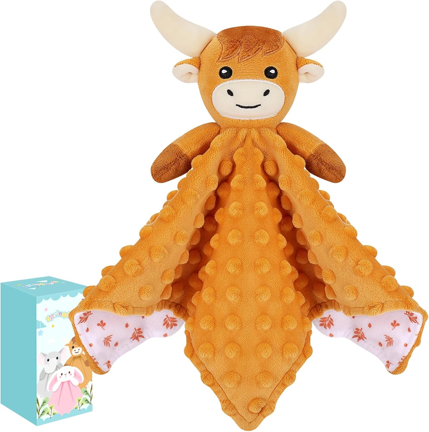 Sprinqdawin Highland Cow Baby Security Blanket front view showing plush animal head and brown minky fabric.