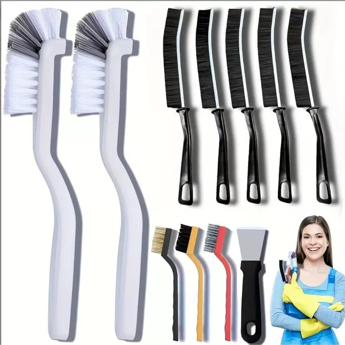 ZTOCOZ 11 Piece Crevice Cleaning Brush Set front view showing complete assortment of hard bristle gap tools for deep household scrubbing.