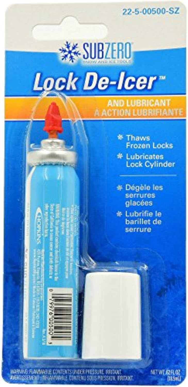 Hopkins Towing Solutions Lock De-Icer and Lubricant front view aerosol spray bottle for frozen car doors.