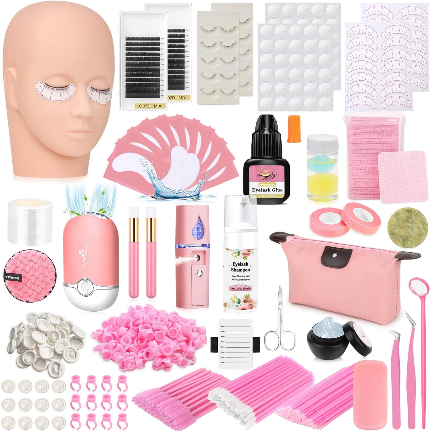 Qinzave eyelash extension kit for beginners front view showcasing the complete training set components
