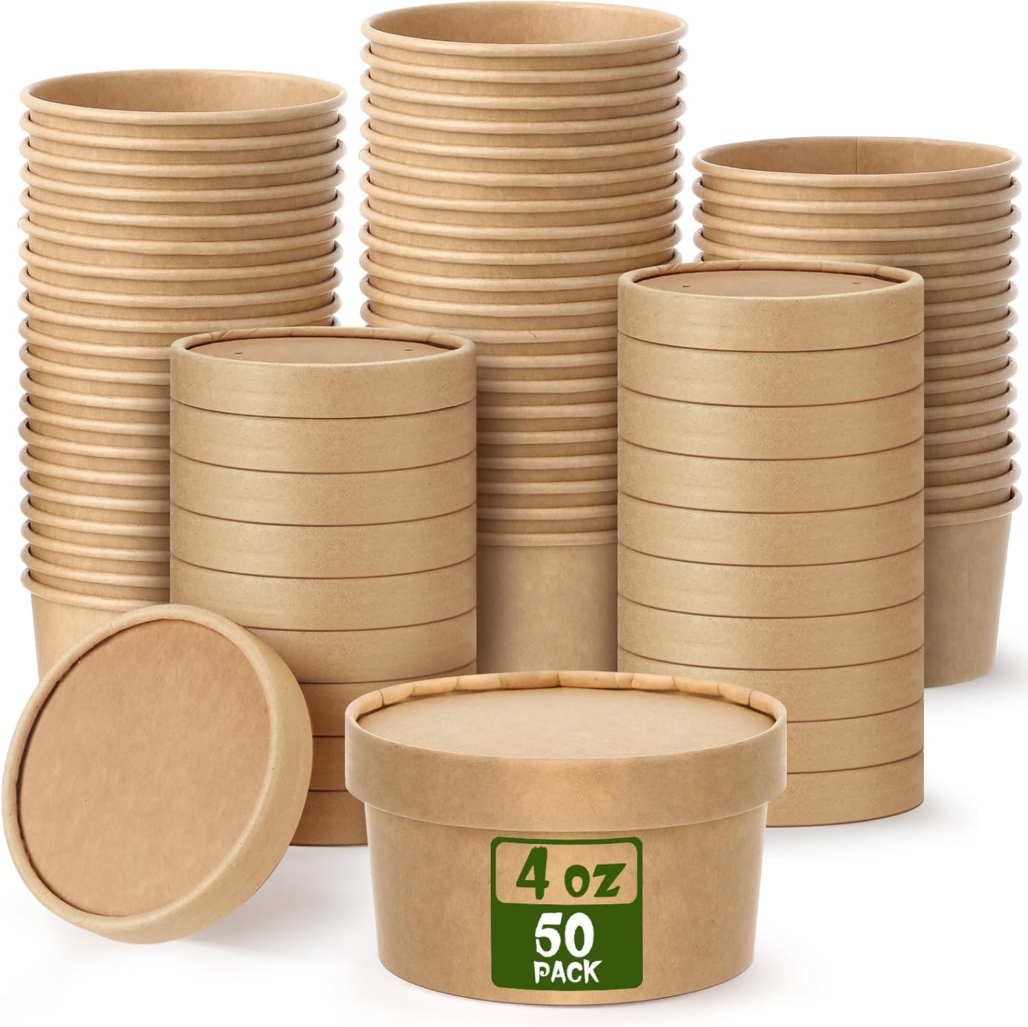 Fulmoon 4 ounce kraft paper soup containers with lids front view for food storage.