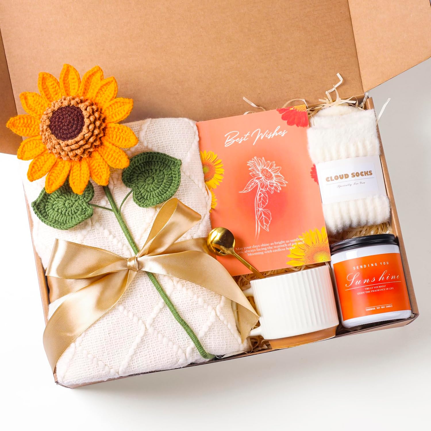 Oolevassy sunflower gift box care package front view showcasing all nine curated self care items inside