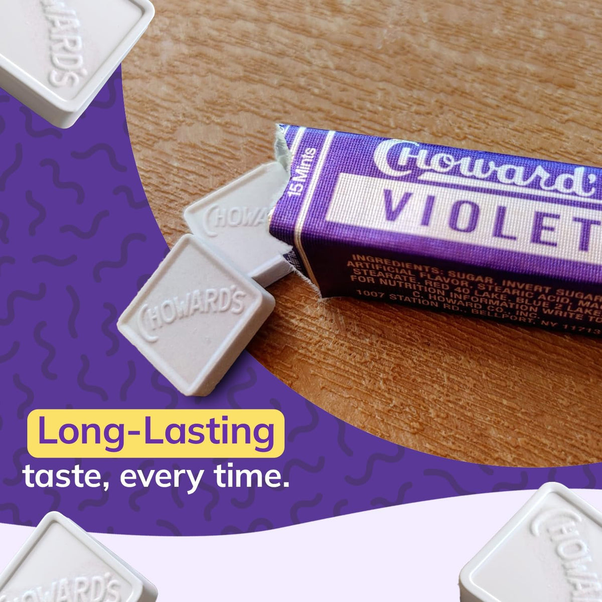Square shaped Chowards violet mint candies close up view