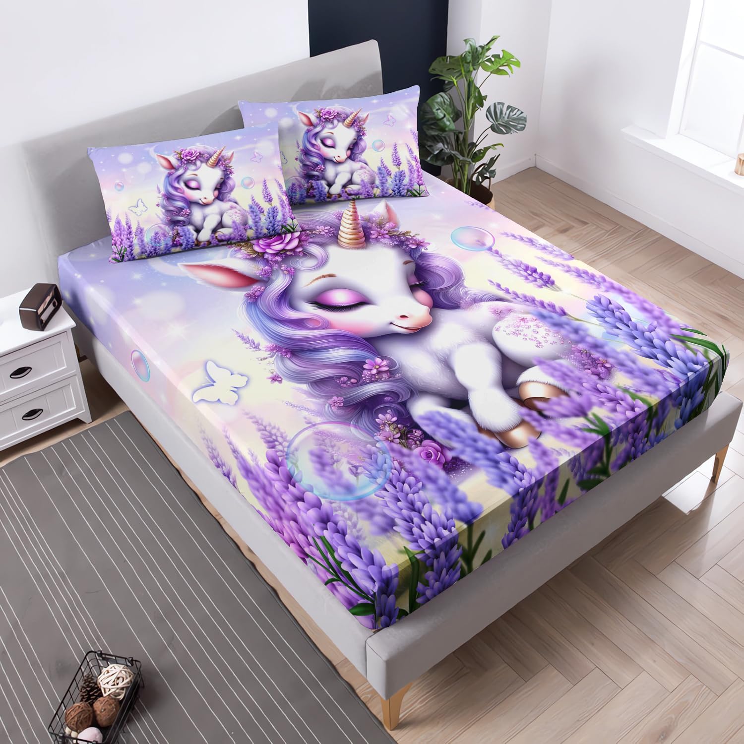 UEVBF cartoon unicorn fitted sheet set front view