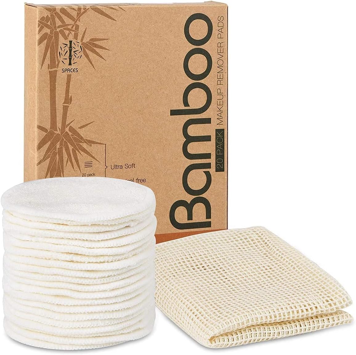 ASPACES organic reusable makeup remover pads 20 pack front view showcasing the natural bamboo cotton rounds