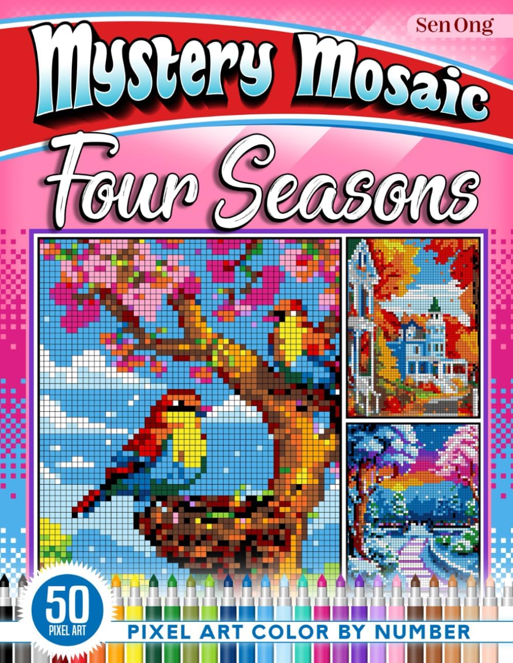 Four Seasons Mystery Mosaics Color by Number: 50 Pixel Art Landscapes for Relaxation and Creativity (Mystery Mosaic Color By Number Collection) - Image 1