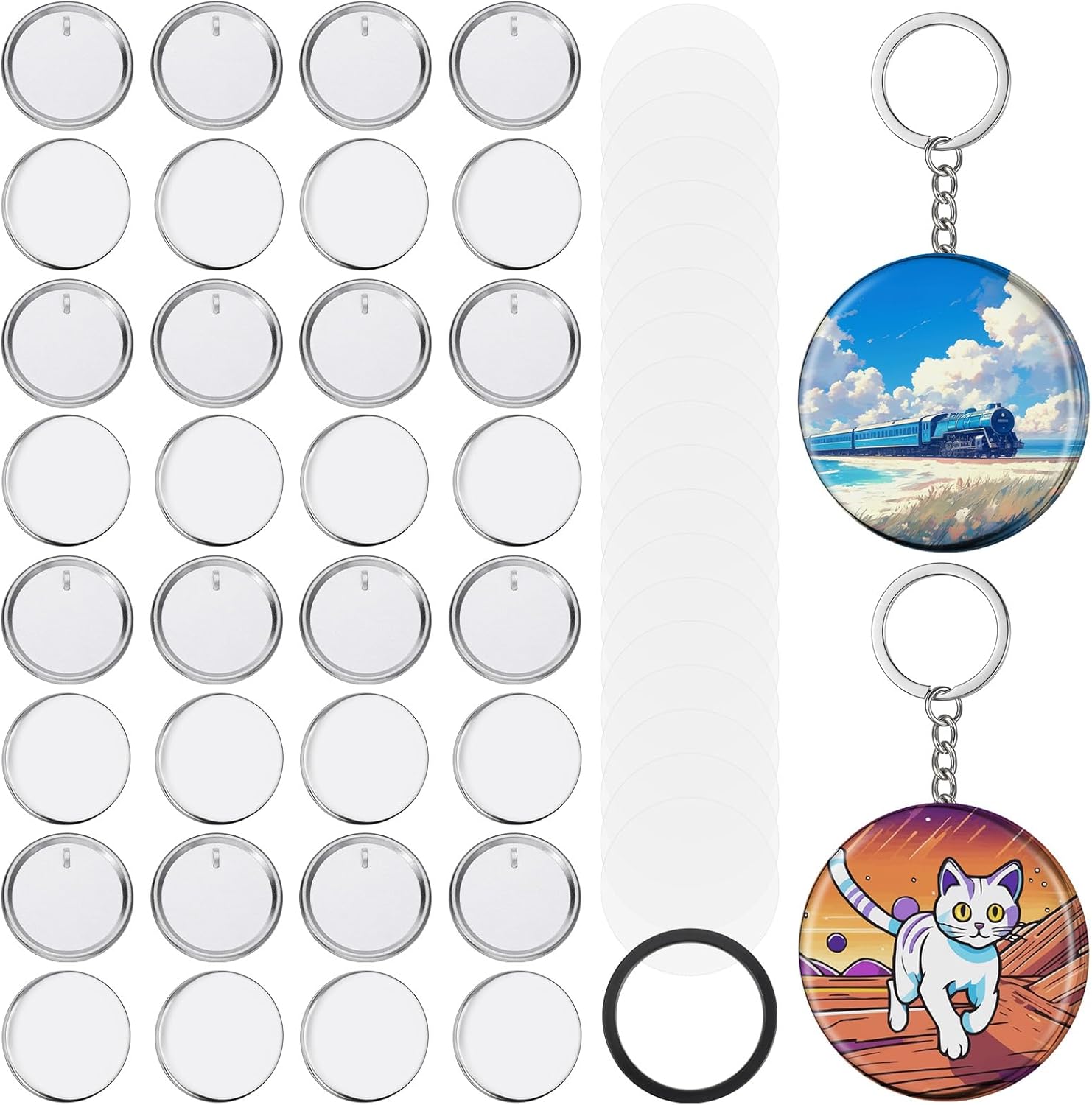 Aphumedc 58mm metal button badge sets front view showing complete 100 sets keychain components
