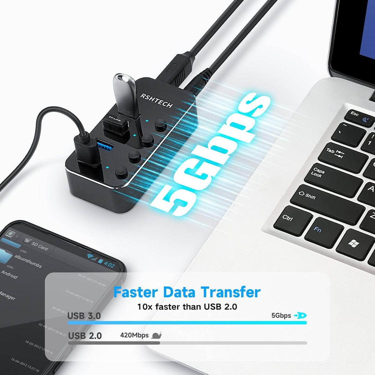RSHTECH 4 port USB hub connected with 2-in-1 cable