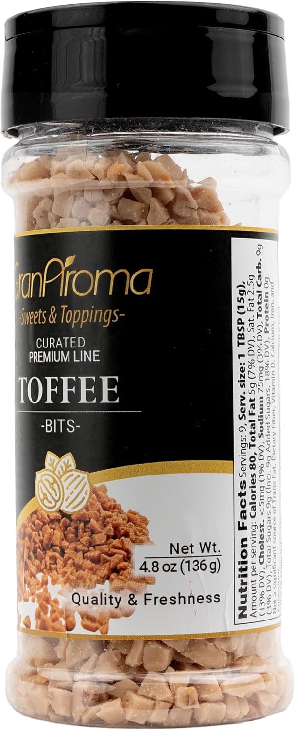 Almond infused toffee bits sprinkled over gourmet vanilla ice cream scoop.
