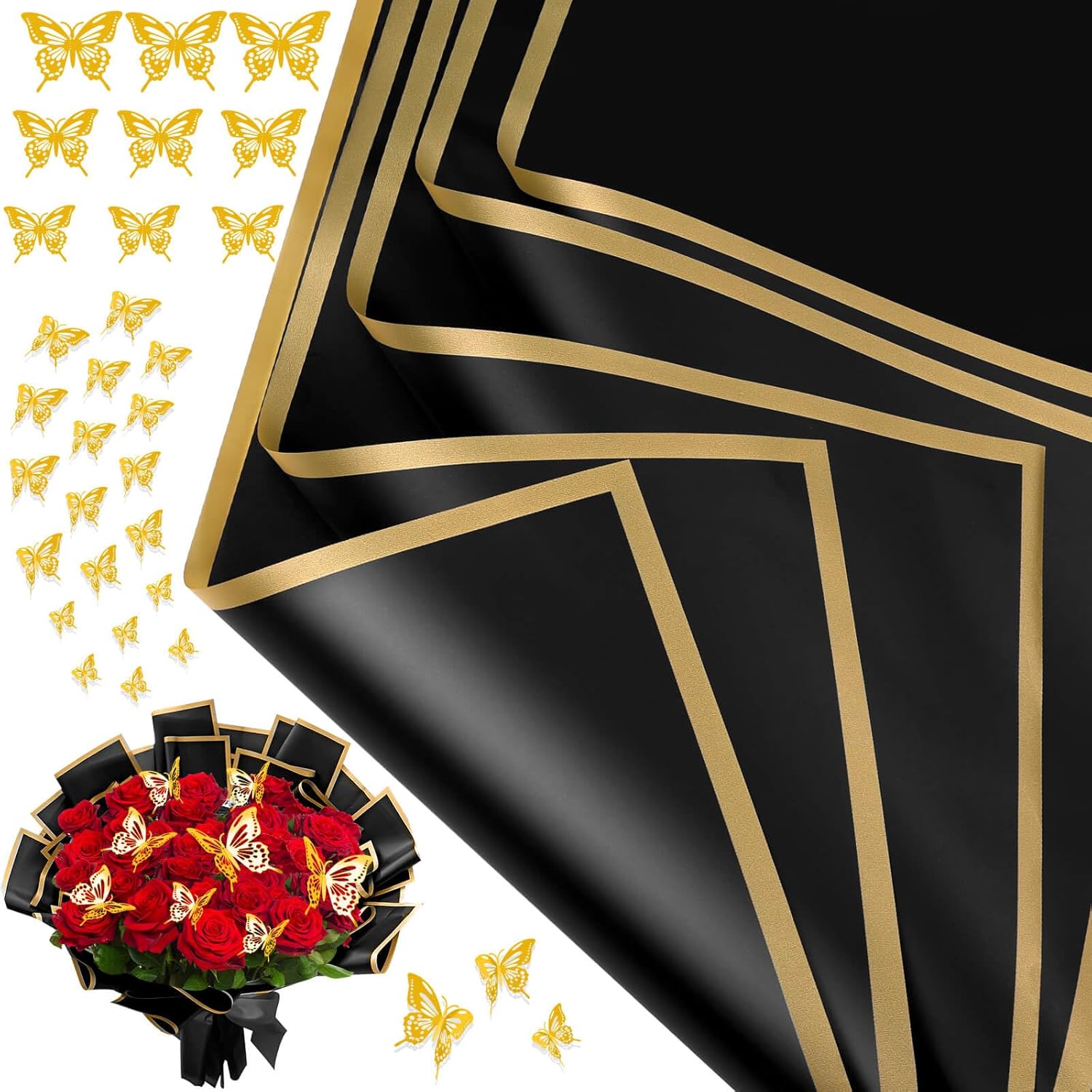 Cridoz flower bouquet wrapping paper front view showcasing matte black sheets and gold butterfly accents.