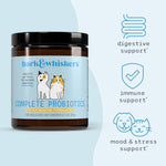 Premium cat and dog probiotic powder allergen free ingredient facts panel close up