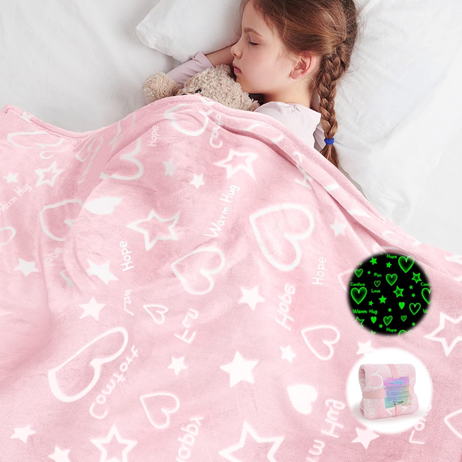 Goodhipi glow in the dark blanket front view showing pink fleece with star patterns