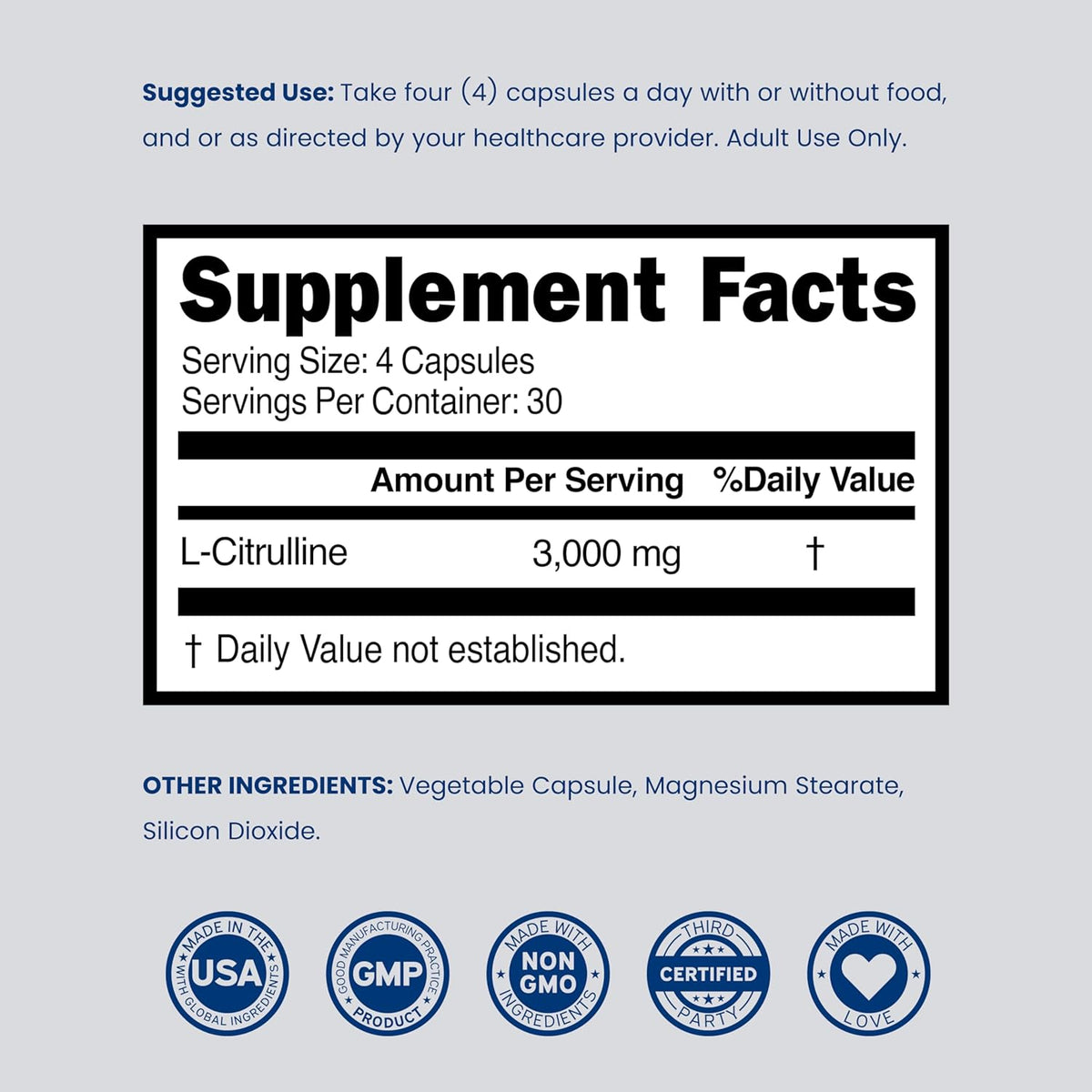 Back label of Dorado Nutrition L-Citrulline showing ingredients