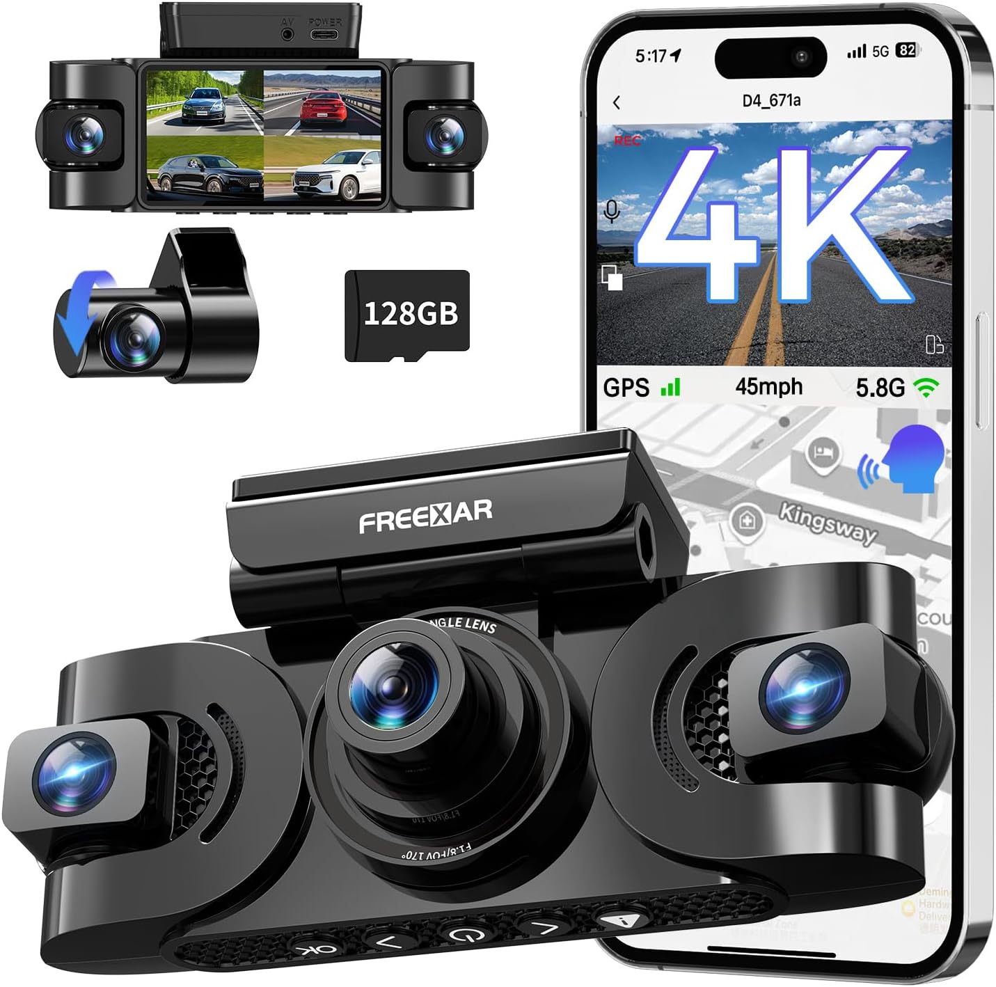 FREEXAR 4K 4-Channel dash camera front view showing the premium optical lenses.