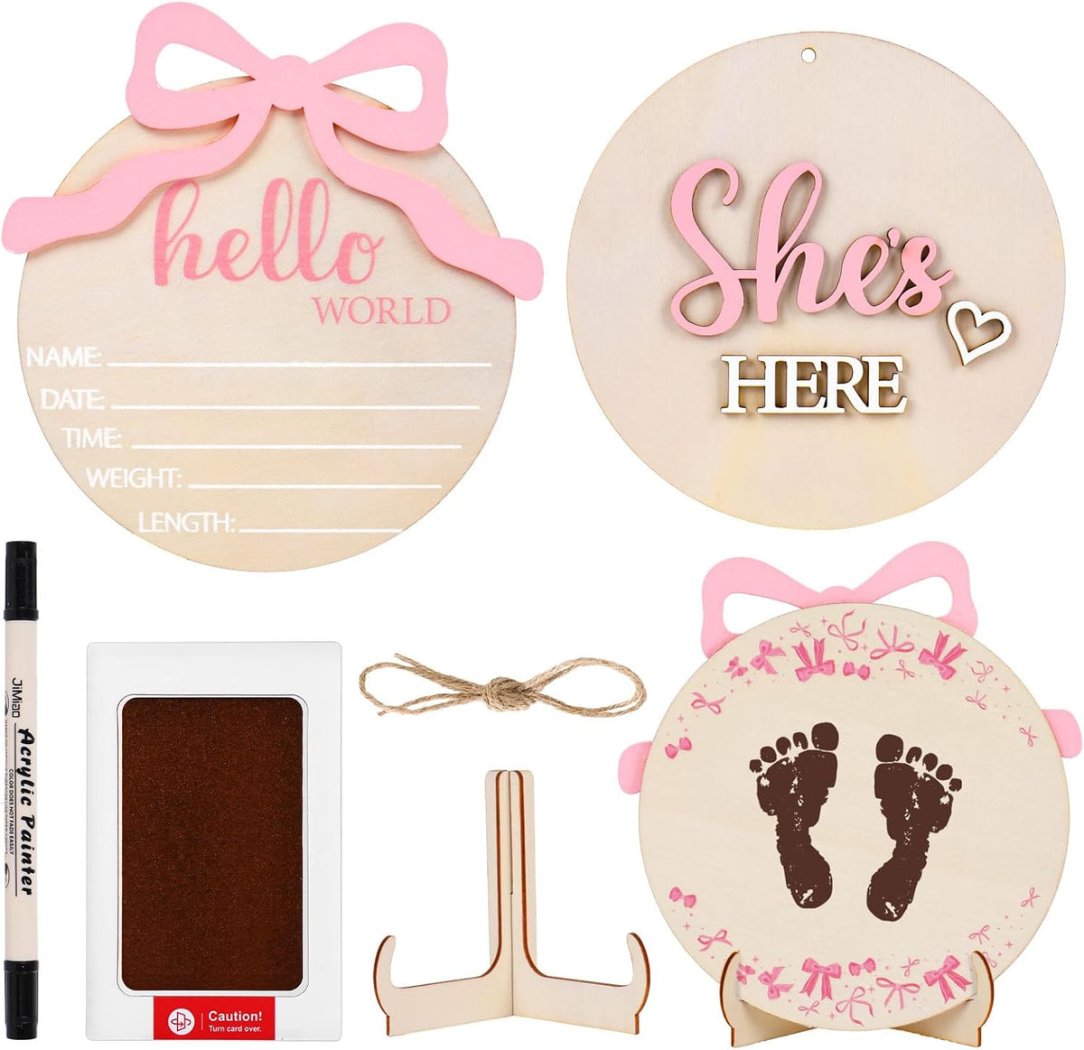 Whaline baby announcement wooden signs front view showing three dimensional pink bow and hello world text
