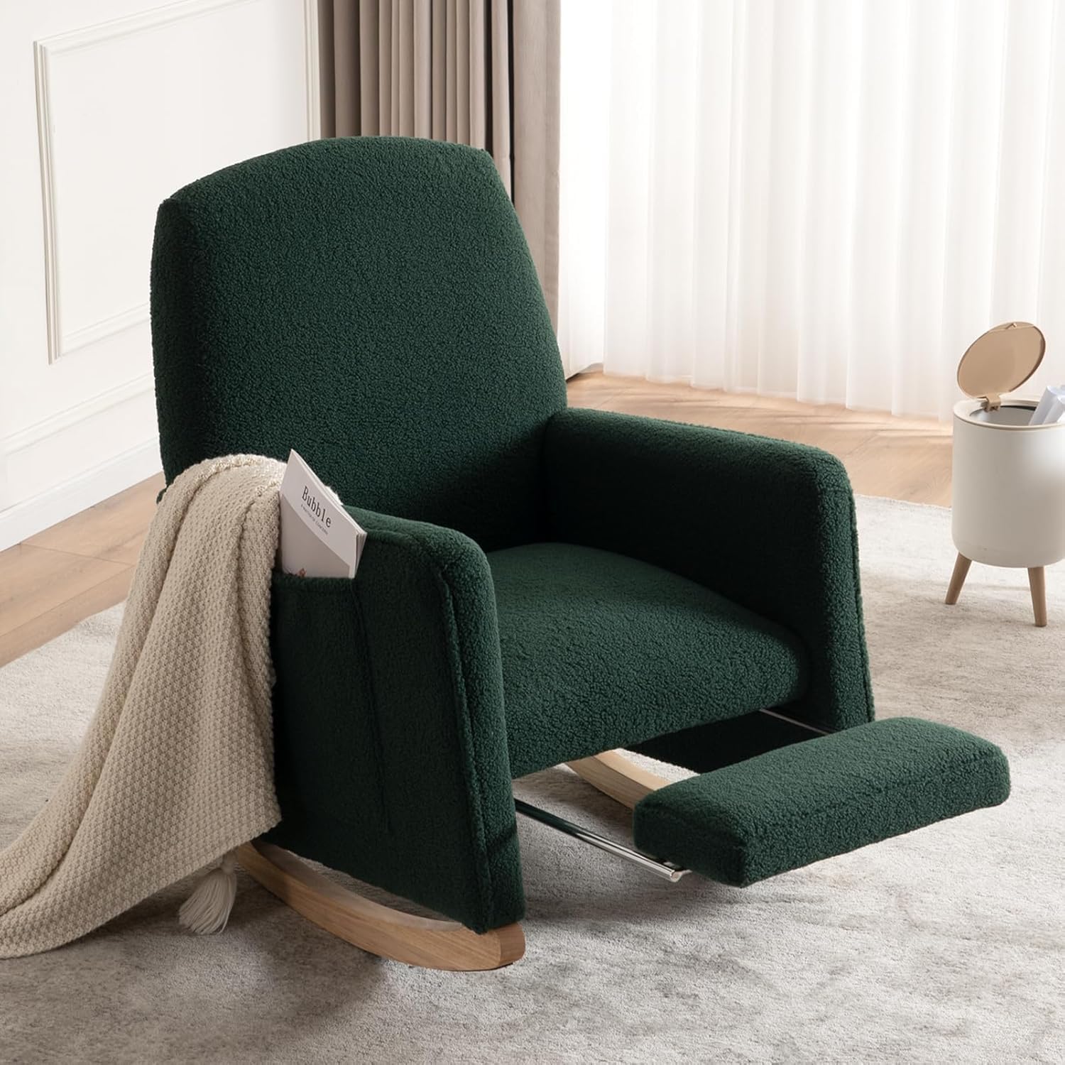 Foxhunter nursery rocking chair front view in green teddy fabric.