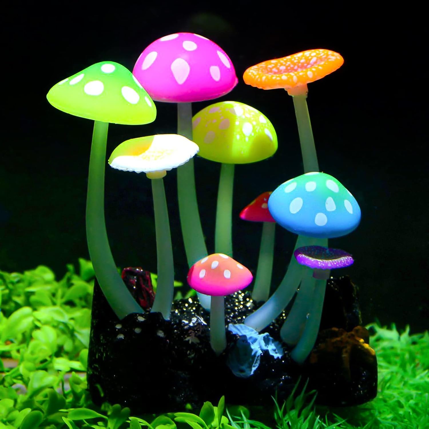 Uniclife glowing artificial mushroom aquarium plant front view showing colorful fluorescent silicone details under blue light.