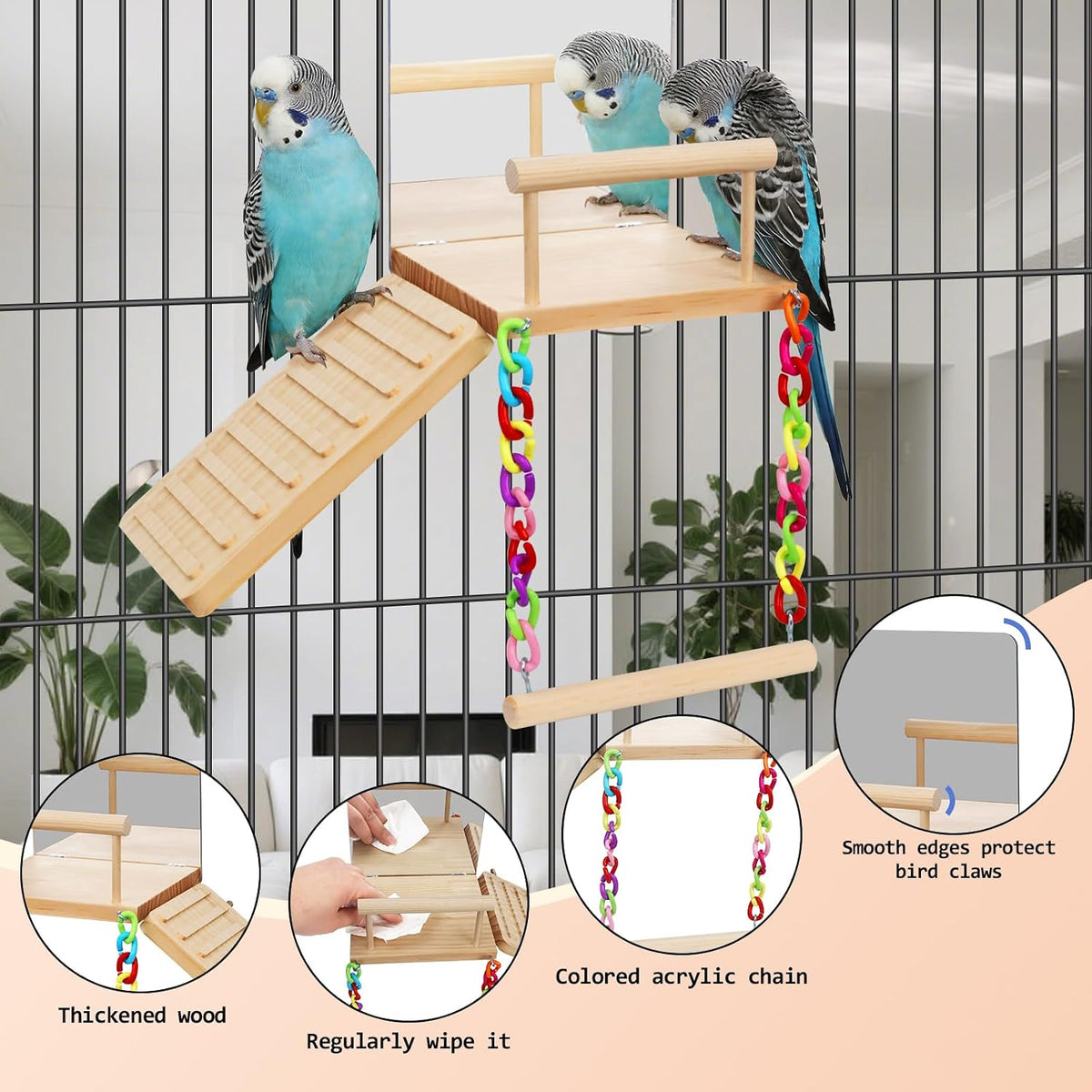 Interactive bird swing and dual platform setup for small pets.
