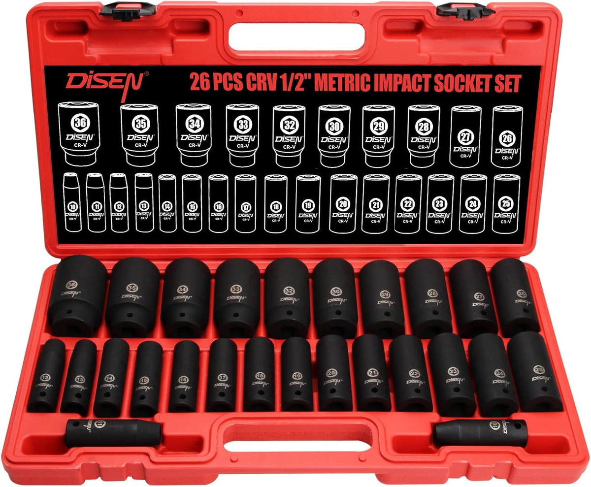 DISEN 19 Pcs 1/2" SAE Impact Socket Set | Deep Sockets 3/8"- 1-1/2", 6-Point Cr-V & Alloy Steel, 1/2 Inches Drive, Rugged Construction, Enhanced Storage Case - Image 12