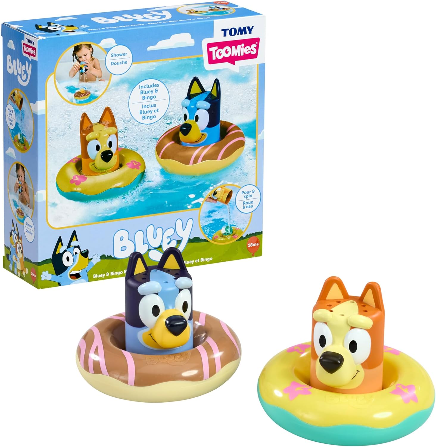 TOMY Toomies Bluey and Bingo Splash and Float Water Toys front view of packaging featuring two toddler bath characters in swim rings.
