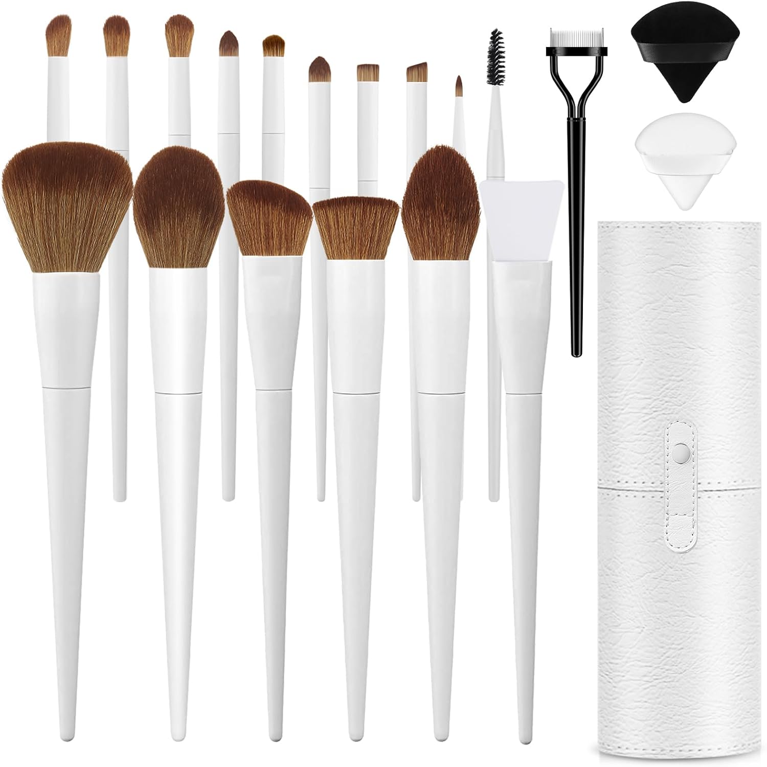 LUXBRU professional makeup brush set front view showing twenty premium white brushes arranged neatly with the travel cylinder case.