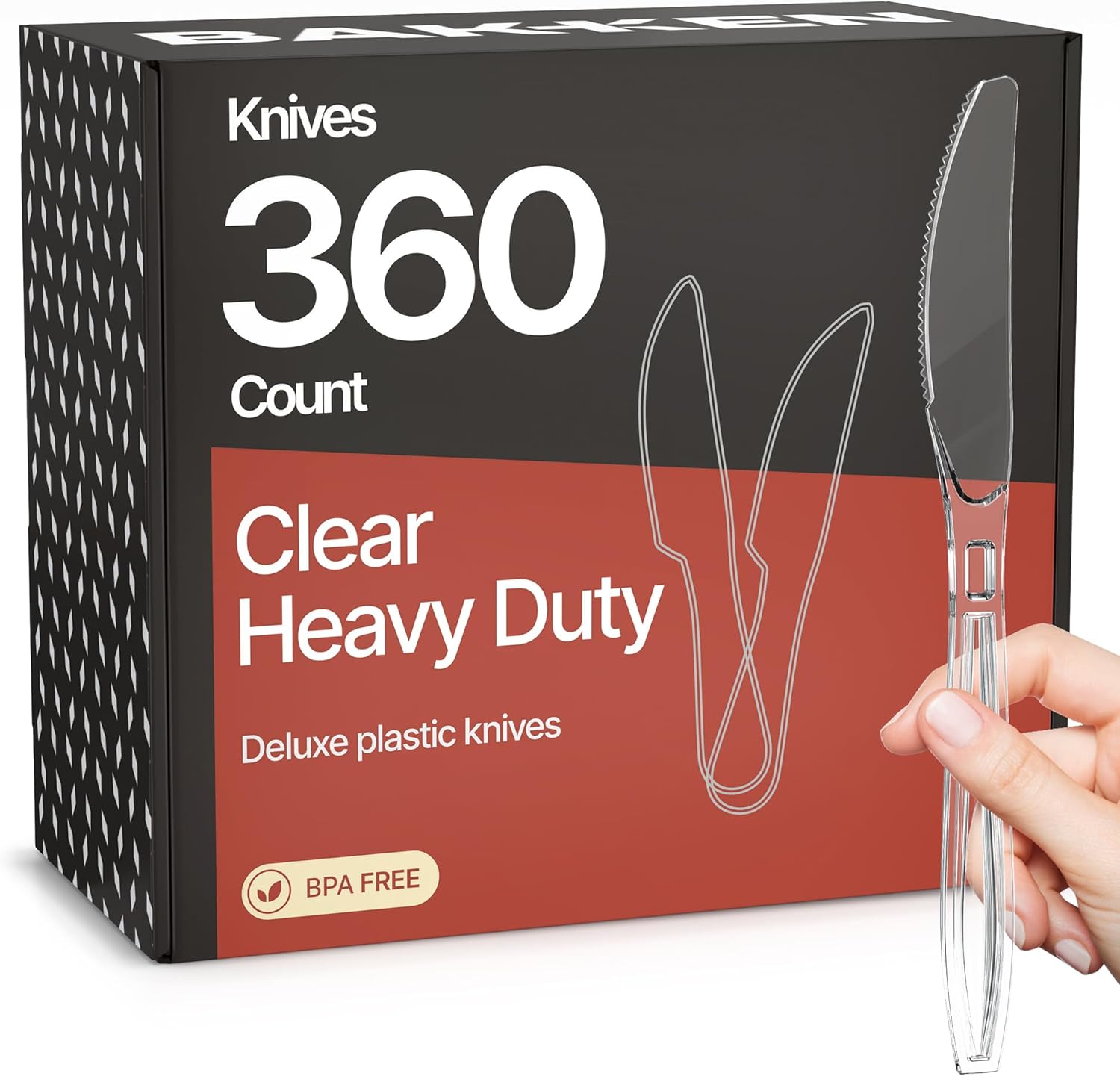 Bakkenmaster disposable cutlery set front view of packaging box containing clear plastic knives
