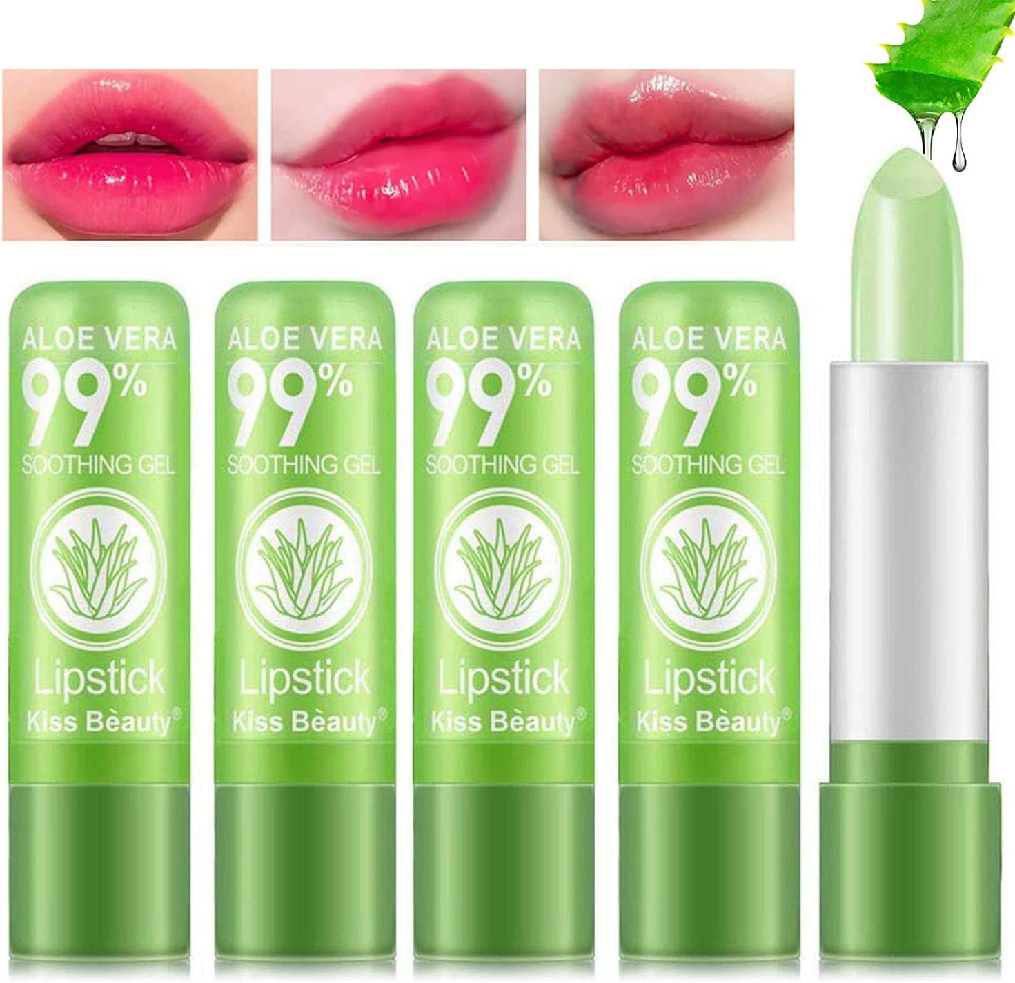 Bestland aloe vera color changing lipstick pack of five front view showcasing green tubes.