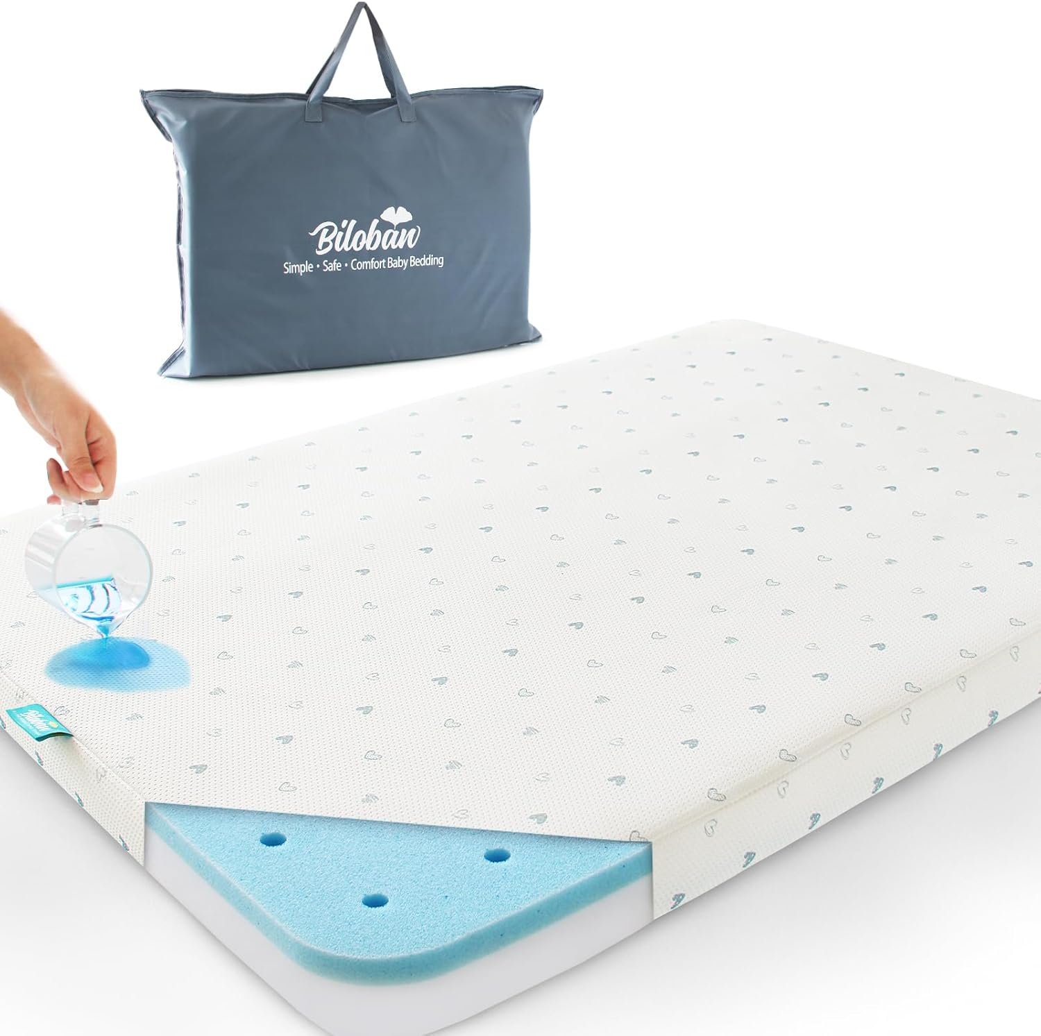 Biloban bassinet mattress pad front view showing dimensions