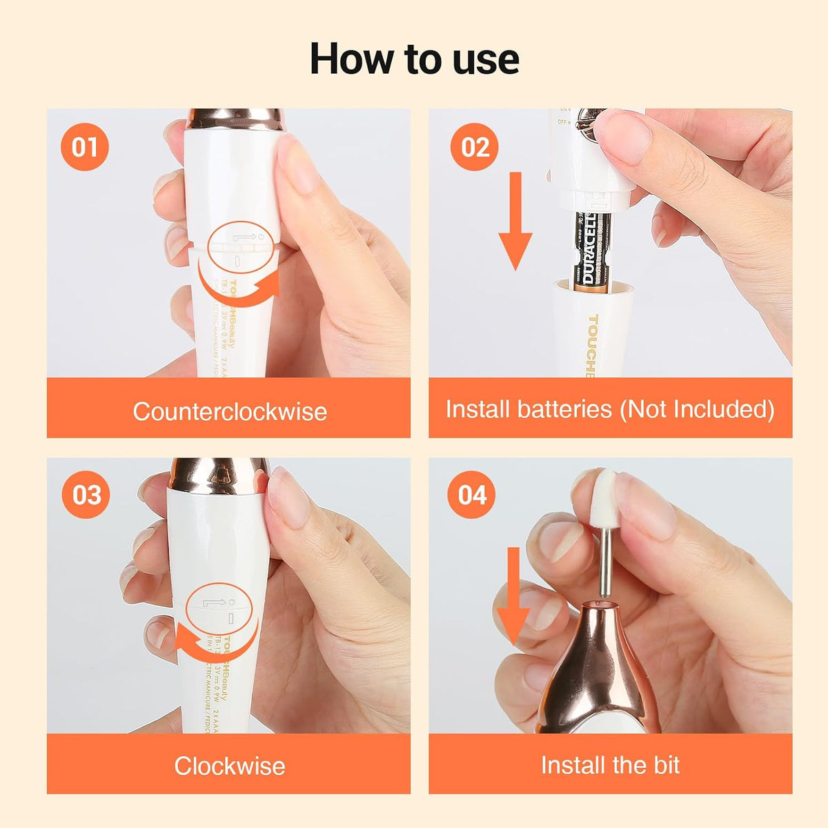 TOUCHBeauty electric nail file in use demonstrating ergonomic design
