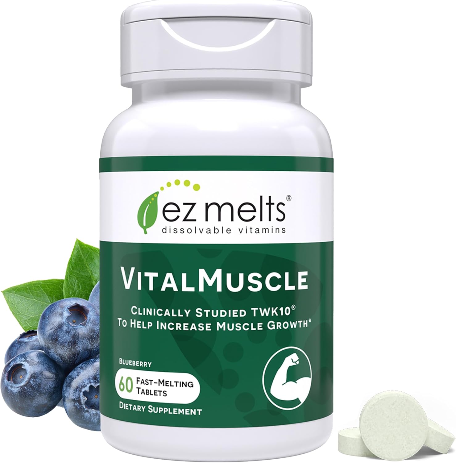 EZ Melts VitalMuscle dissolvable tablets front view bottle packaging for muscle strength