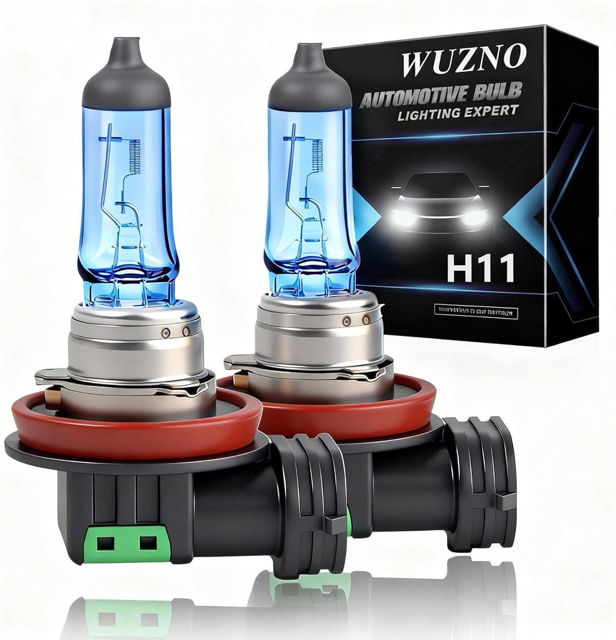 Wuzno H11 halogen headlight bulb pack front view showcasing premium packaging and dual automotive light bulbs.