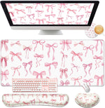Relaxweex pink bow keyboard mat and mouse pad set front view
